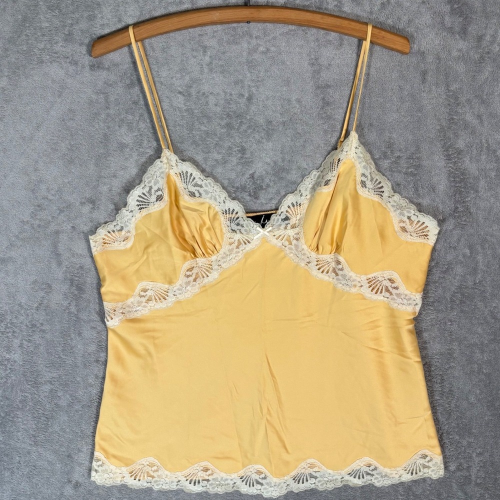 Susan Lucci Yellow Satin Lace Trim Babydoll Cami Lingerie Top XL Spaghetti Strap